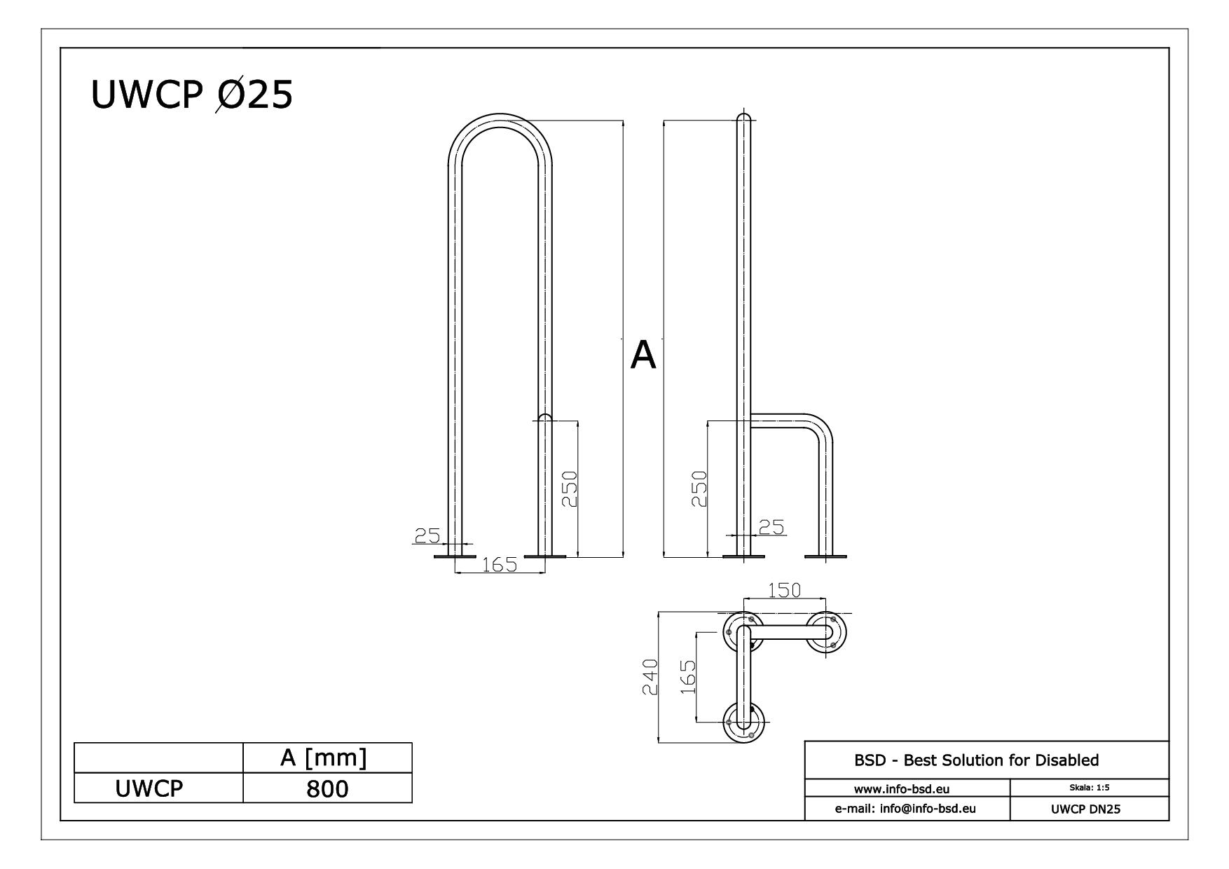 BSD - uchwyty dla niepełnosprawnych - Uchwyt WC montowany tylko do podłogi prawy 80cm biały fi25