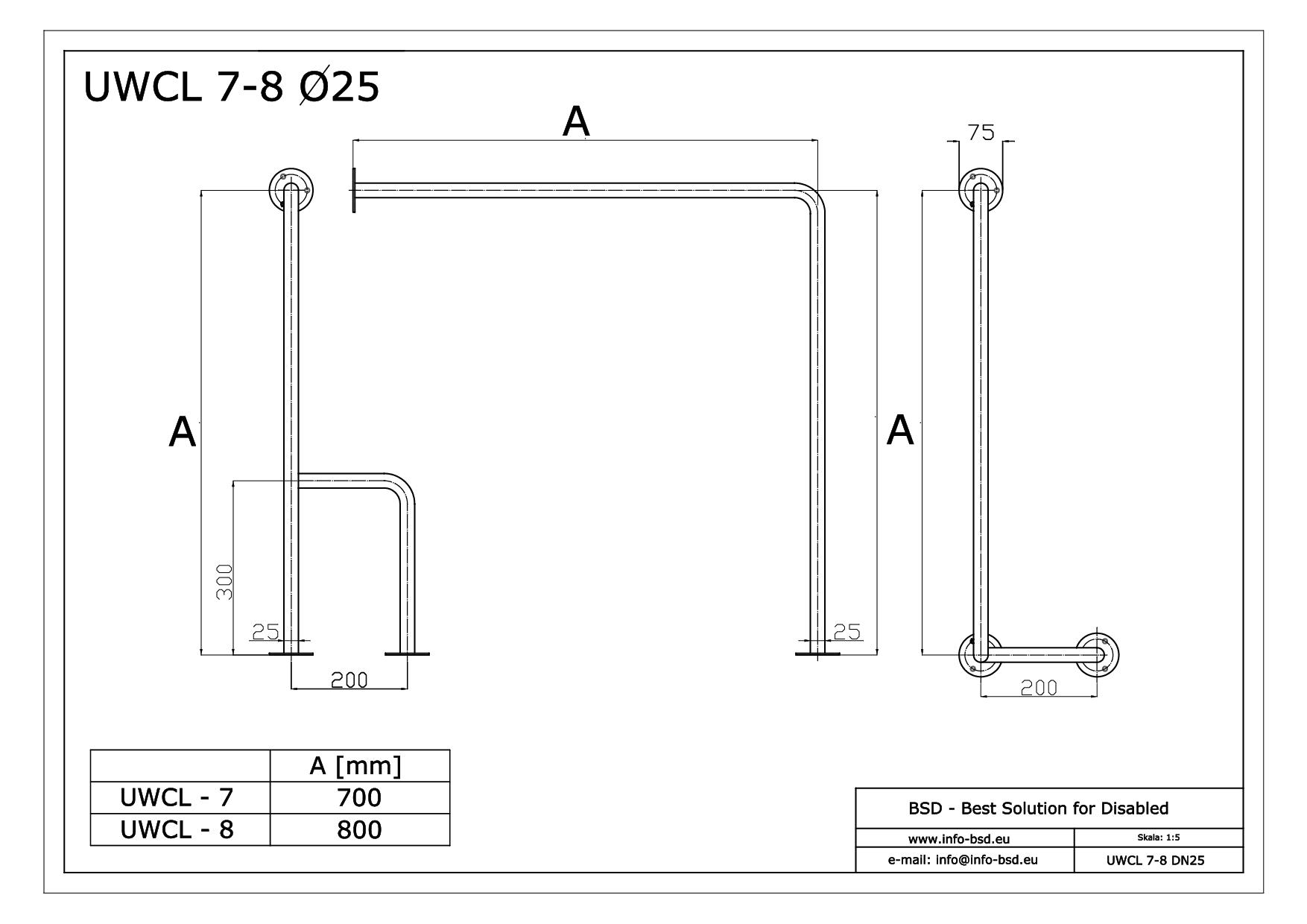 BSD - uchwyty dla niepełnosprawnych - Uchwyt WC ściana podłoga lewy 70/70cm, 80/80cm biały fi25