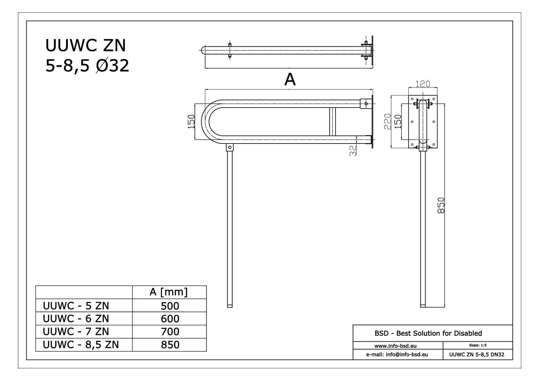 poręcz umywalkowa WC uchylna z podporą dla niepelnosprawnych seria STANDARD UUWC ZN fi32 BSD - dane techniczne