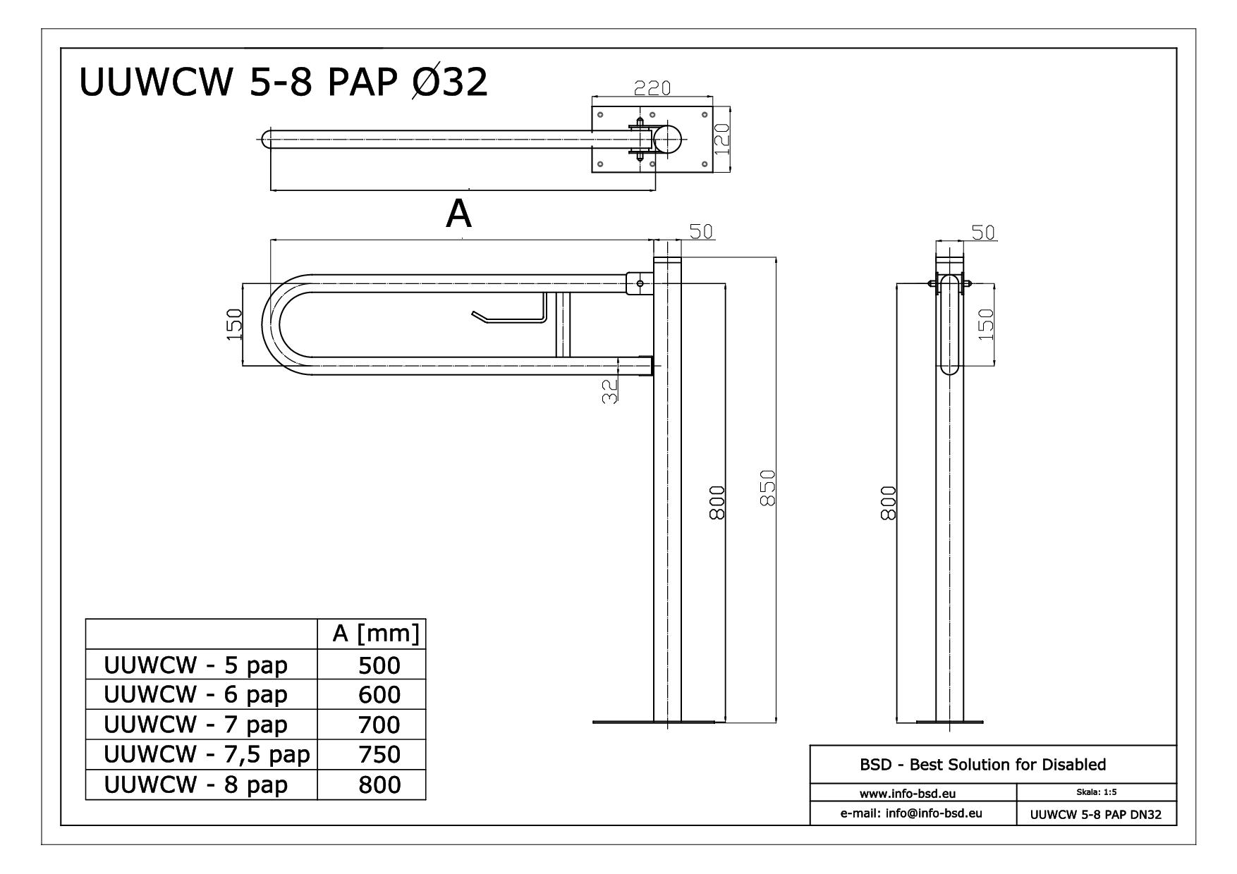 poręcz wolnostojaca uchylna z zawieszką na papier toaletowy dla niepelnosprawnych seria STANDARD UUWCW fi32 BSD - dane techniczne